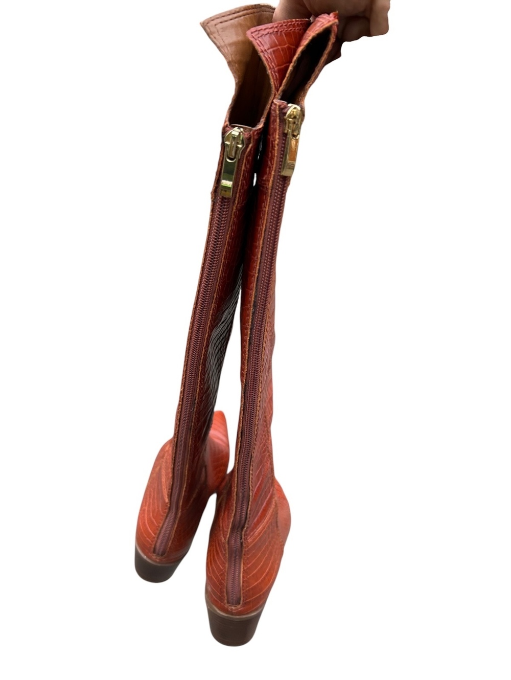Franco Sarto Croc Embossed Leather Knee High Boots | Size 8.5 | Cognac Brown - Picture 3 of 7